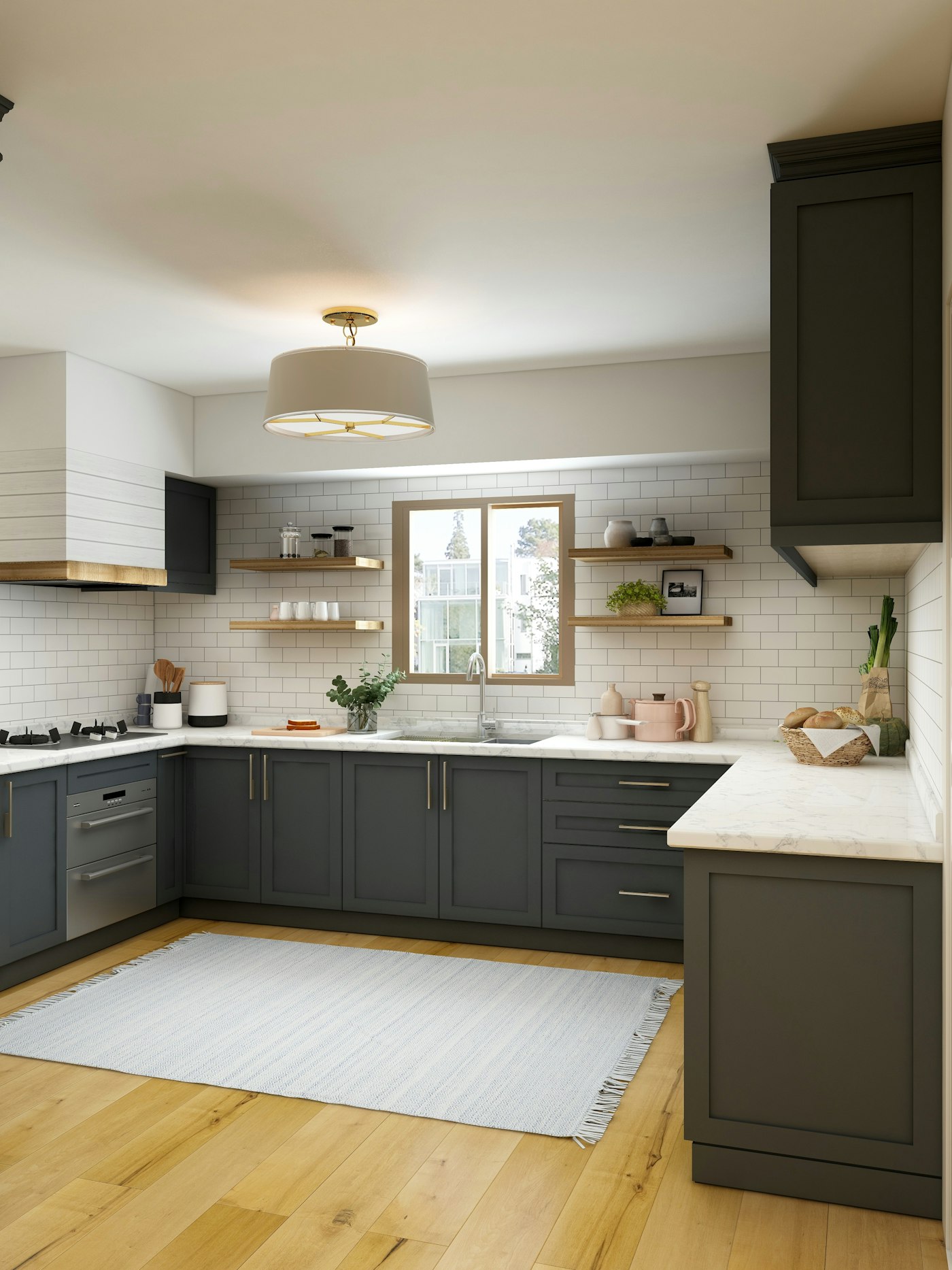 Kitchen with dark grey cupboards, a white tiled wall, wood shelves, and a pale striped rug.
